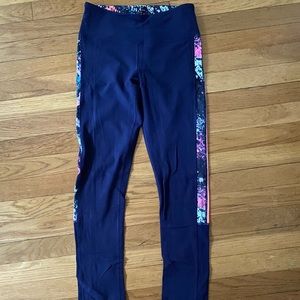 Ivivva by Lululemon Navy Blue Leggings with Floral and Orange Side Panel SIZE 14